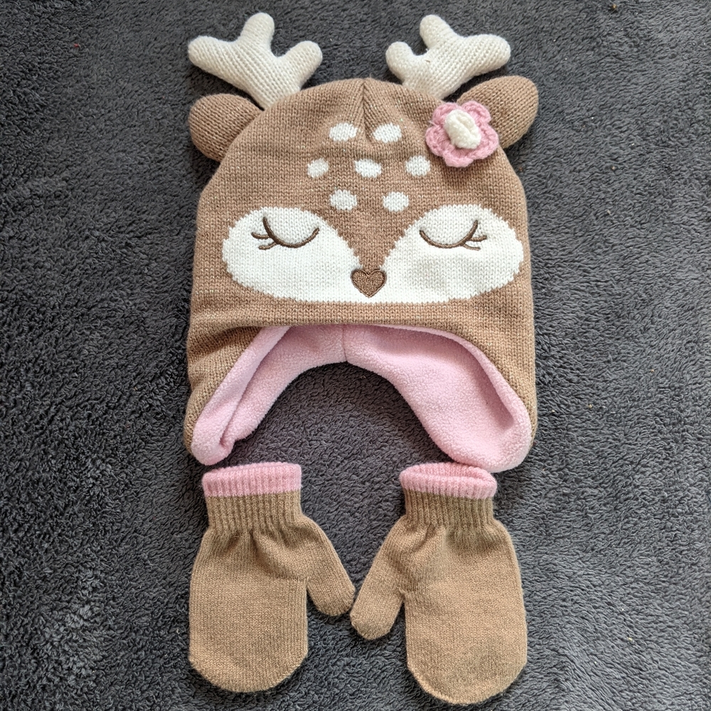 ♦️ B2G1FREE ♦️ Tan/pink reindeer knitted hat/mittens - Picture 1 of 5